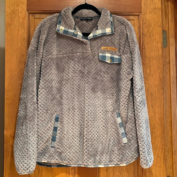 Simply Southern Gray Sherpa with blue plaid accents, half buttons & two pockets - Picture 1 of 5